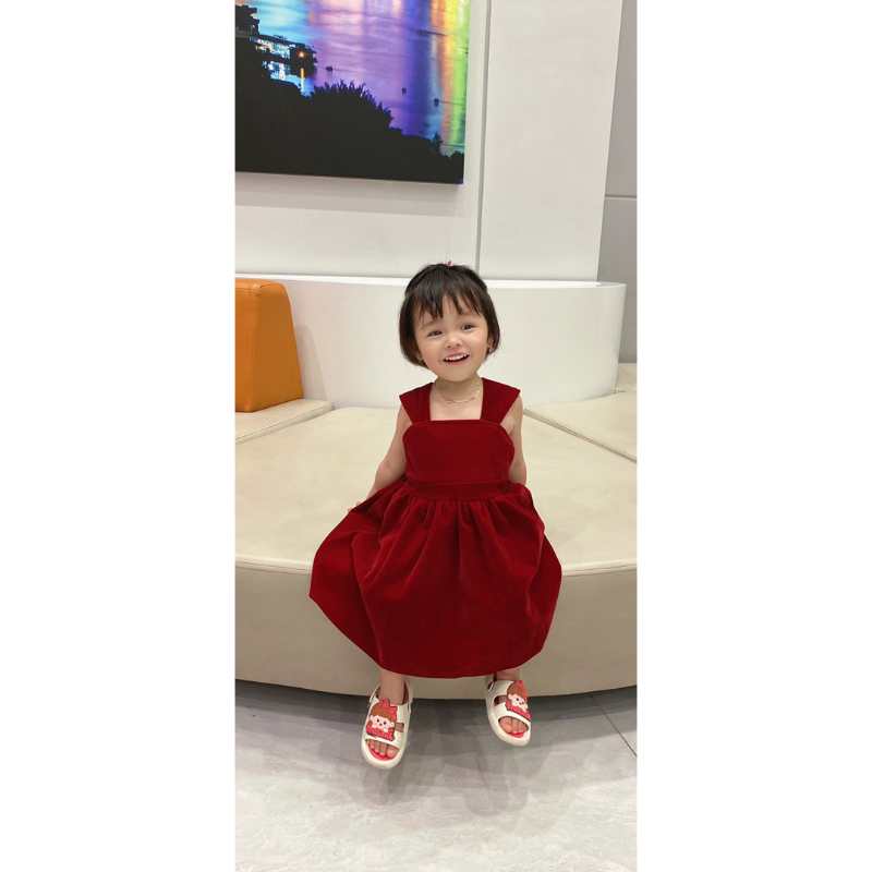 Váy cho bé gái nhung the đỏ phiên bản mới hơn chỉ có tại Trang Kids có lót tùng nơ lưng size 10-40kg