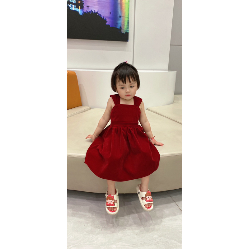 Váy cho bé gái nhung the đỏ phiên bản mới hơn chỉ có tại Trang Kids có lót tùng nơ lưng size 10-40kg