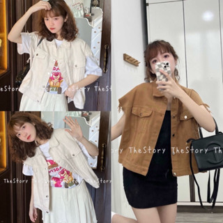 Áo gile jean nữ, áo khoác gile bò sát nách cổ bẻ túi hộp dáng ngắn croptop be nâu phong cách ulzzang hàn quốc