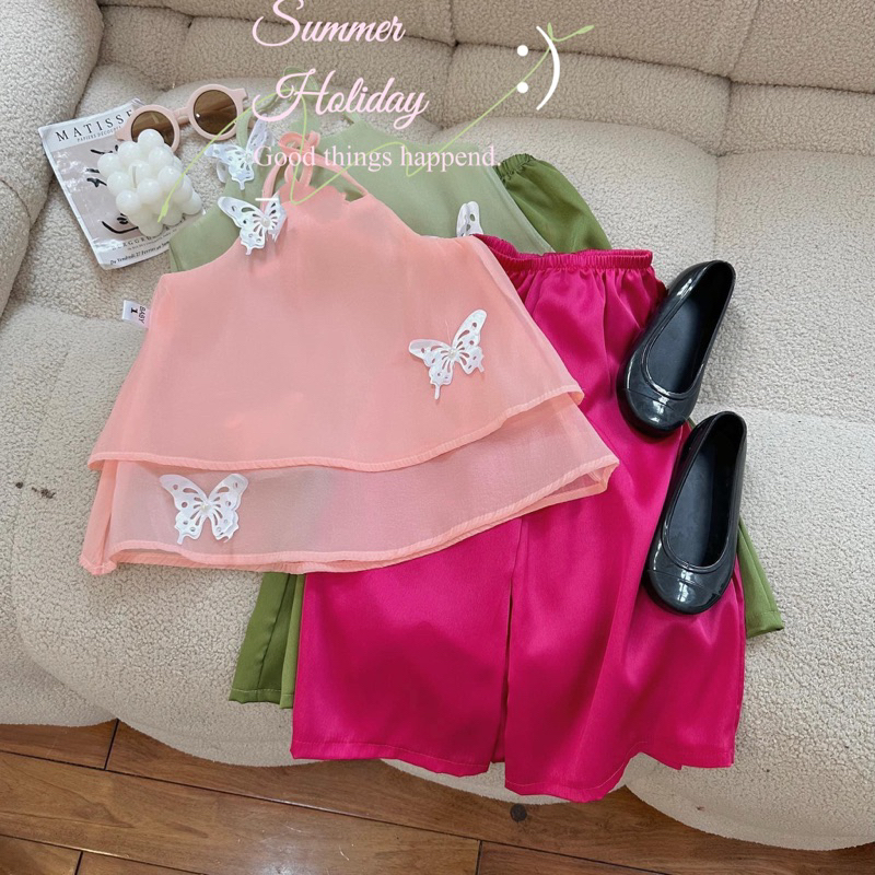 Set áo yếm đào tơ butterfly quần lụa chụp sen cho bé gái