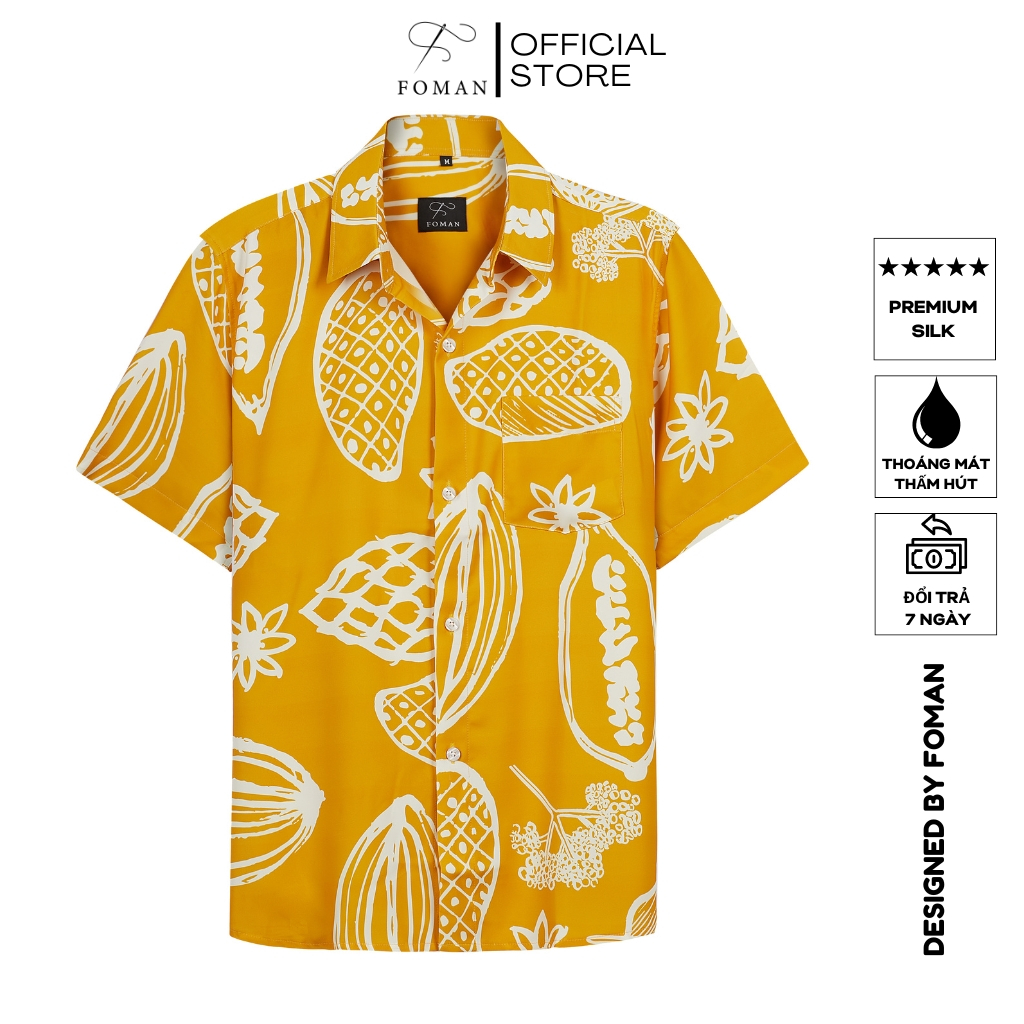 Áo sơ mi tay ngắn Nam hoạ tiết Fruit Hawaiian chính hãng FOMAN vải Lụa Mango, thoáng mát, thấm hút, không nhăn | FM-59
