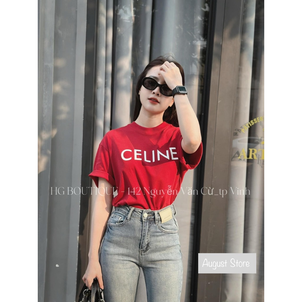 Áo Phông Celin Đỏ Đô Thun Cộc Tay Dáng Rộng Giấu Quần Freesize