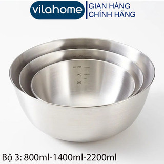 Bộ 3 bát trộn inox vilahome, bát trộn có chia vạch ml viền bo tròn dùng trộn salad, bột, khuấy trứng