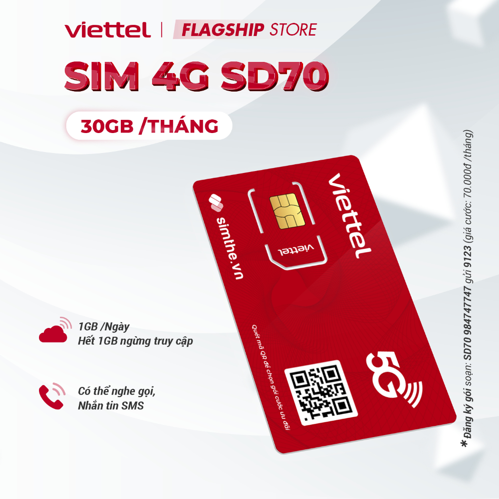 Sim 4G Viettel SD70 - SD90 - SD125Z - SD135 Data 6GB/Ngày -180GB/Tháng Tốc Độ Cao MAX Băng Thông Toàn Quốc. Từ 70K/Tháng