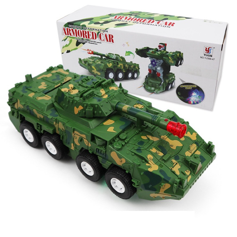 Đồ chơi xe tăng biến hình robot tự động có nhạc có đèn cho bé