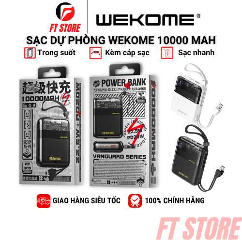 Sạc dự phòng WEKOME WP-309 vỏ trong suốt kèm 2 cáp sạc 10.000 mAh sạc nhanh PD/QC3.0 22.5W BH12TH