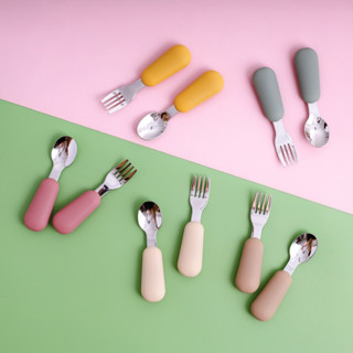  Thìa dĩa inox 304 cán cầm silicon cho bé tập xúc ăn dặm cho bé   Cán Thẳng  