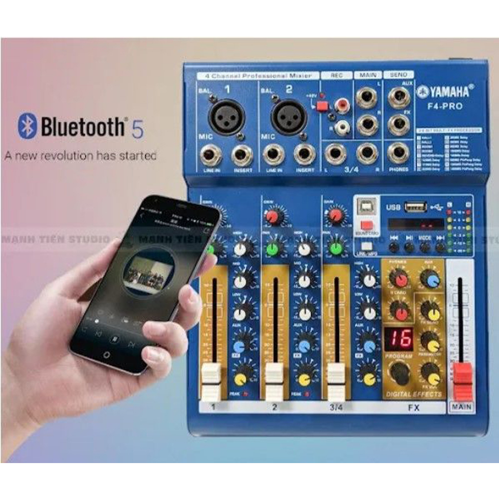 Combo Bàn Trộn Mixer Yamaha F4 Pro, Tặng Kèm 2 Micro Không Dây Đa Năng Max 56, Tích Hợp 16 Chế Độ Vang Số DSP