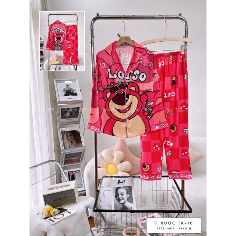 Bộ mặc nhà Pijama lụa xước gấu dâu Boo size 40_58kg