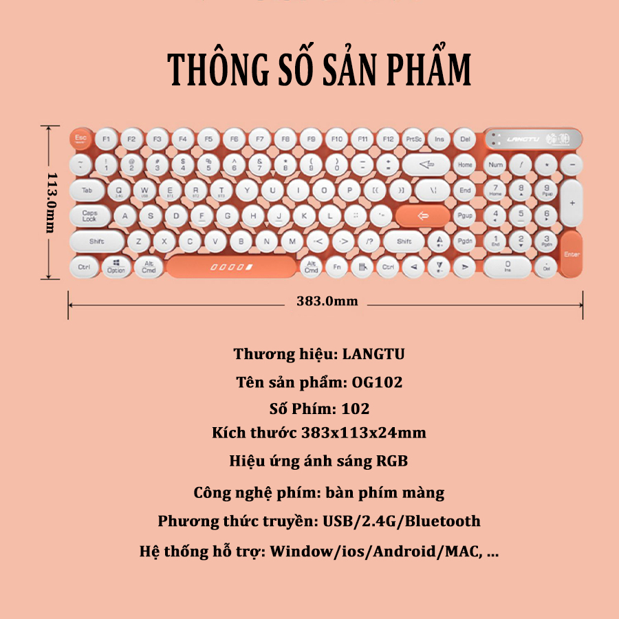 Bàn Phím Máy Tính LANGTU OG102 Bluetooth Không Dây Gaming Văn Phòng Layout 102 Phím Nút Tròn Bàn Phím Đèn LED D01