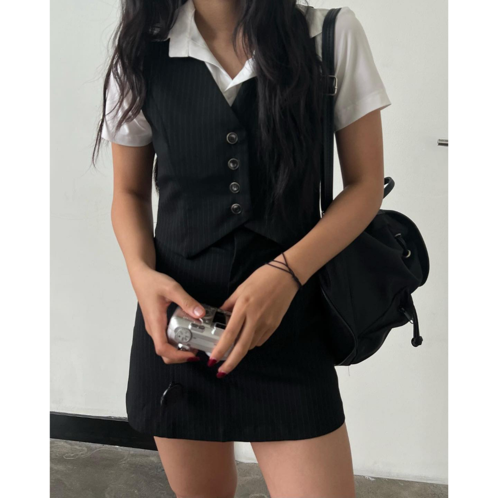 Chân váy kẻ sọc cạp cao, là min - STRIPED HIGH WAIST MINI SKIRT