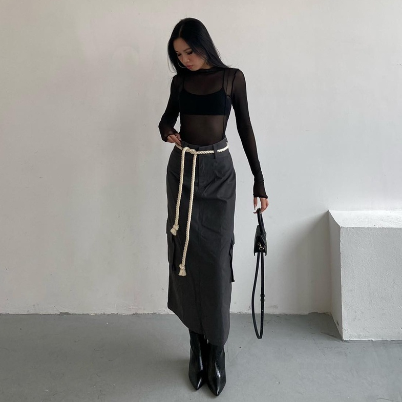 Chân váy nữ túi hộp kèm dây thừng, là min - CARGO MIDI SKIRT WITH ROPE