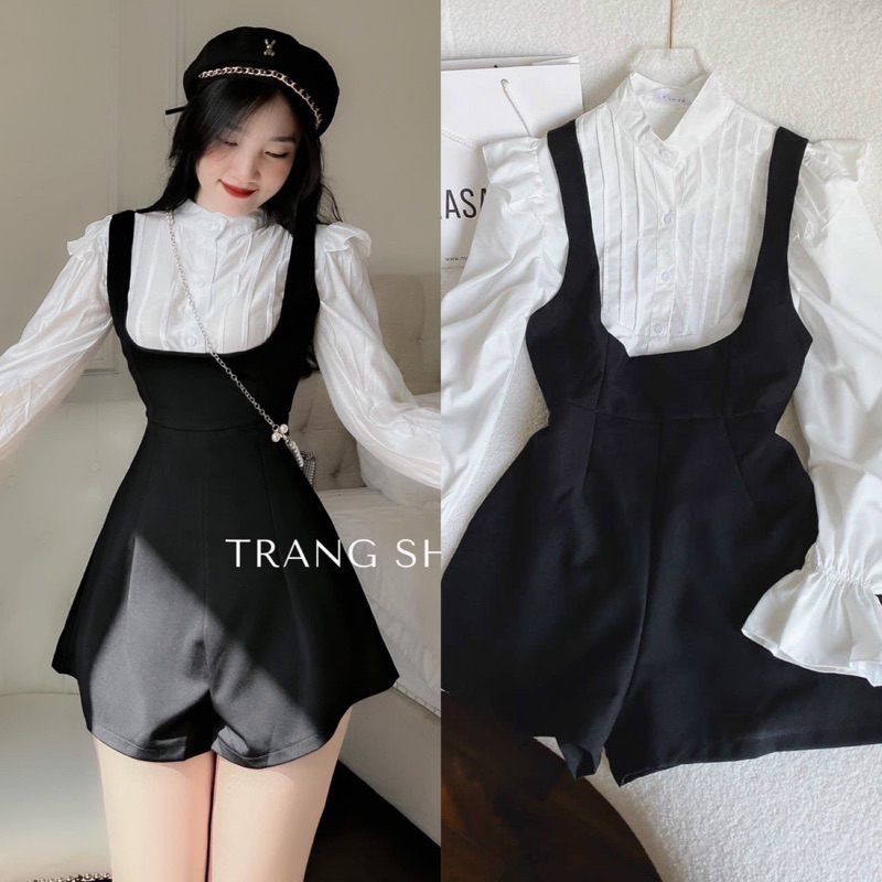 Sét Yếm Quần Áo Sơ Mi Trắng Bèo Xếp Ly Tiểu thư Trẻ Trung