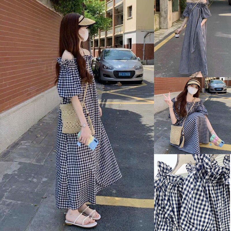 Váy bẹt vai kate caro suông
