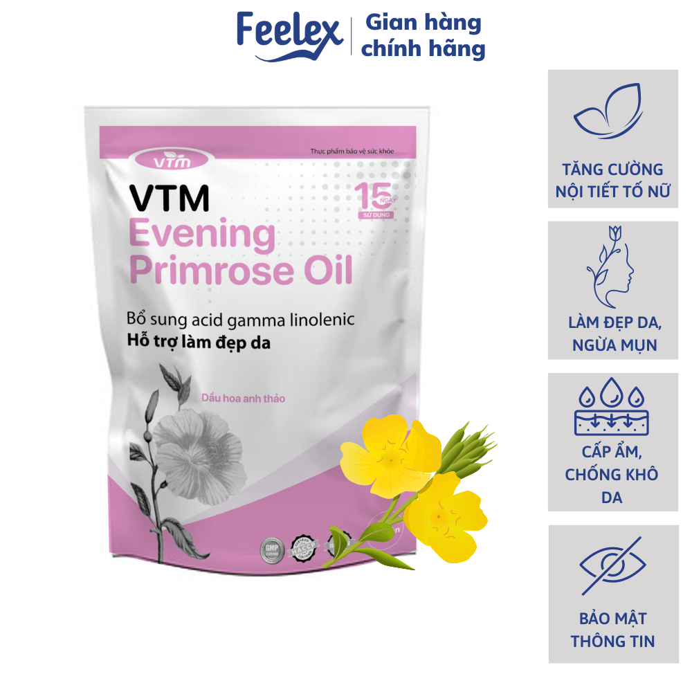 Viên uống tinh dầu hoa anh thảo VTM Evening Primrose Oil, hỗ trợ cân bằng nội tiết tố, làm đẹp da, tóc, móng - 45 viên