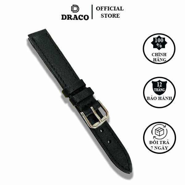 Dây da đòng hồ Draco DDDH03 màu đen - size 14 nữ [Tặng kèm khóa] chấy liệu da bò thật cao cấp