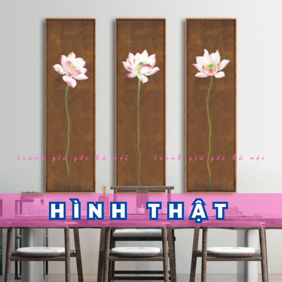 Bộ 3 tranh hoa sen cát tường cổ kính treo phòng khách, phòng thờ, phòng trà, phòng thiền, yoga chất canvas có khung