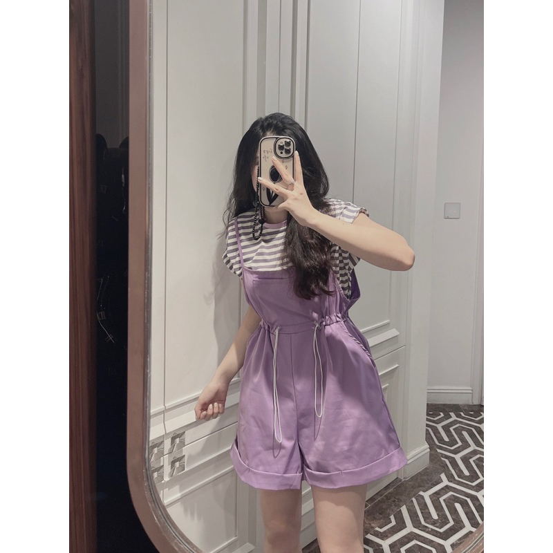 Set yếm đùi màu tím rút eo mix áo tăm kẻ