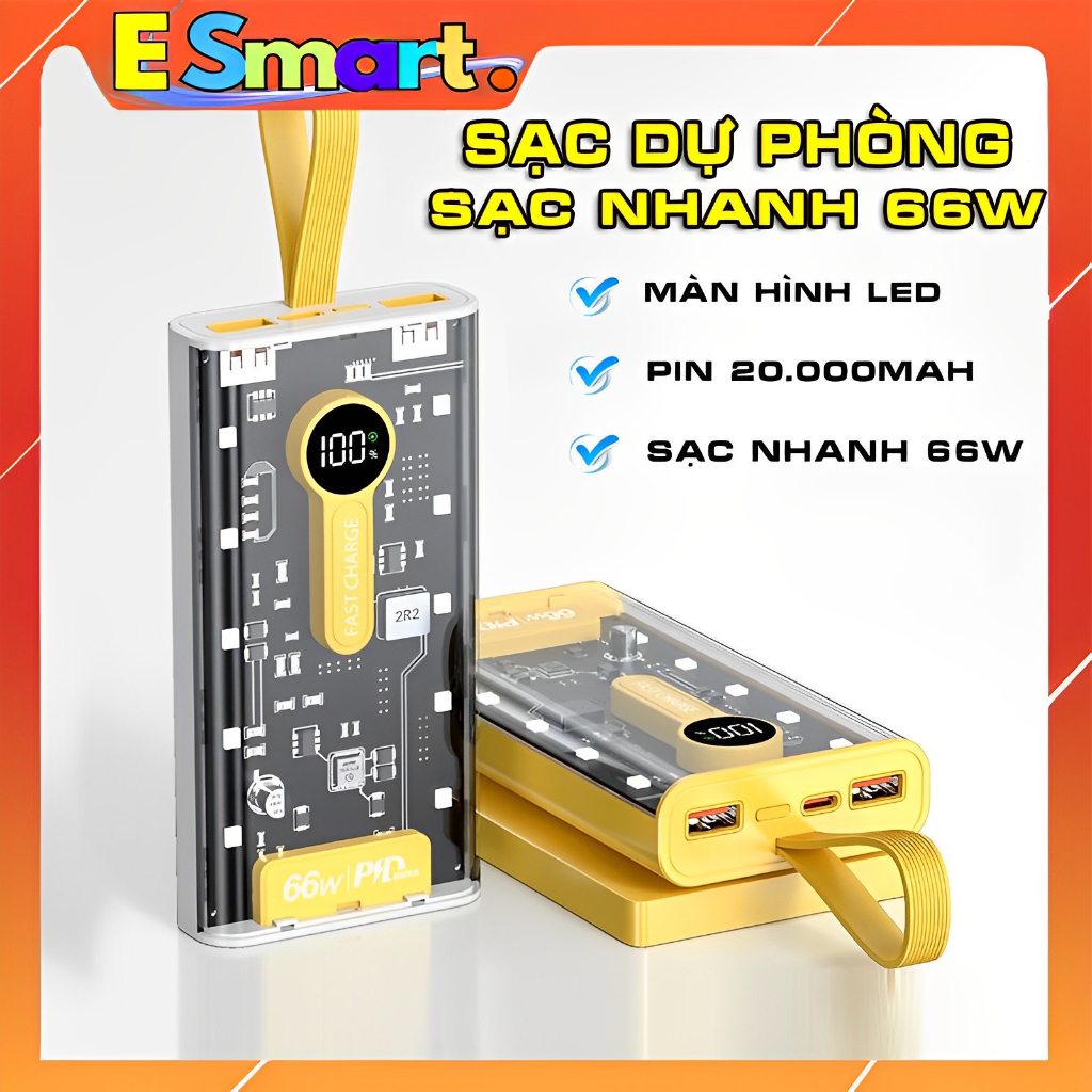 Pin Sạc Dự Phòng Mini Dung Lượng 20000mAh Siêu Nhanh Tích Hợp Màn Hình Led Tenamyd PD Trong Suốt Tích Hợp Đèn Ngủ