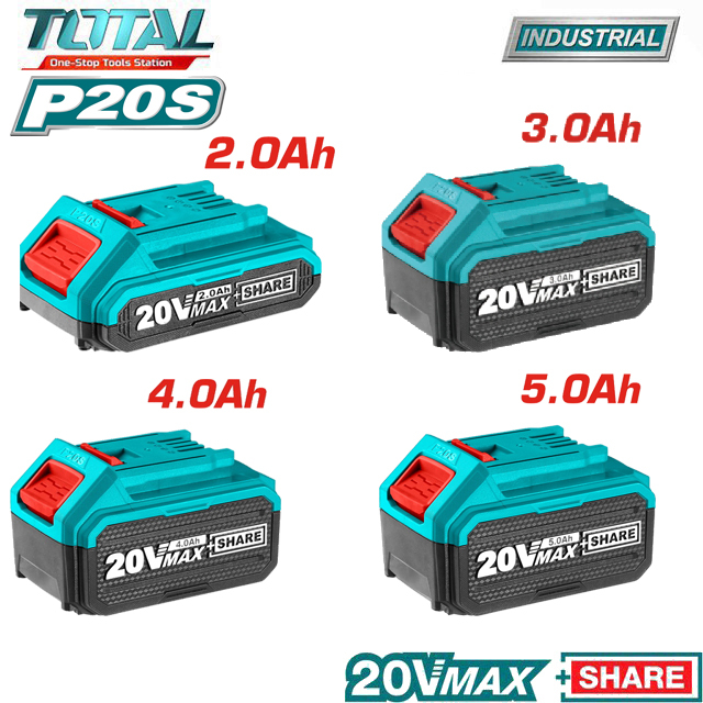 Pin Lithium 20V 1.5A/h , 2.0A/h , 3.0A/h , 4.0A/h , 5.0A/h Total ( phù hợp cho tất cả máy dùng pin 20V Total , Ingco )