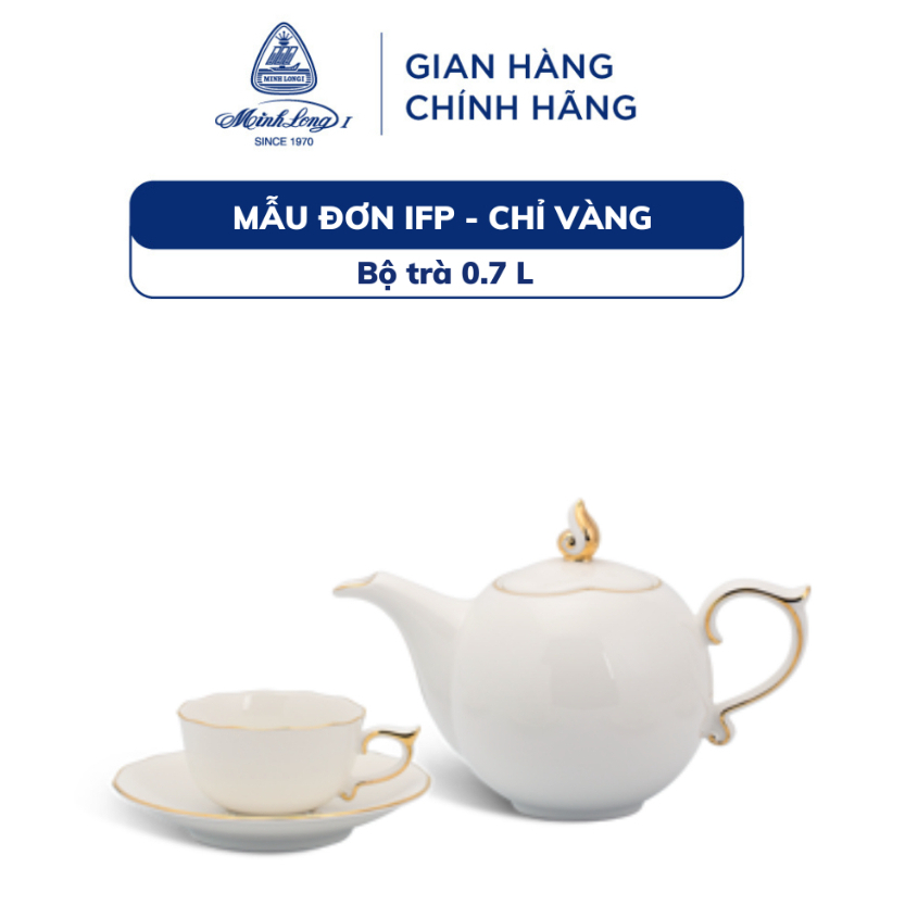 [Mã BMLT100 giảm đến 100K đơn 499K] Bộ Ấm Trà Sứ Minh Long 0.7 L - Mẫu Đơn IFP - Chỉ Vàng