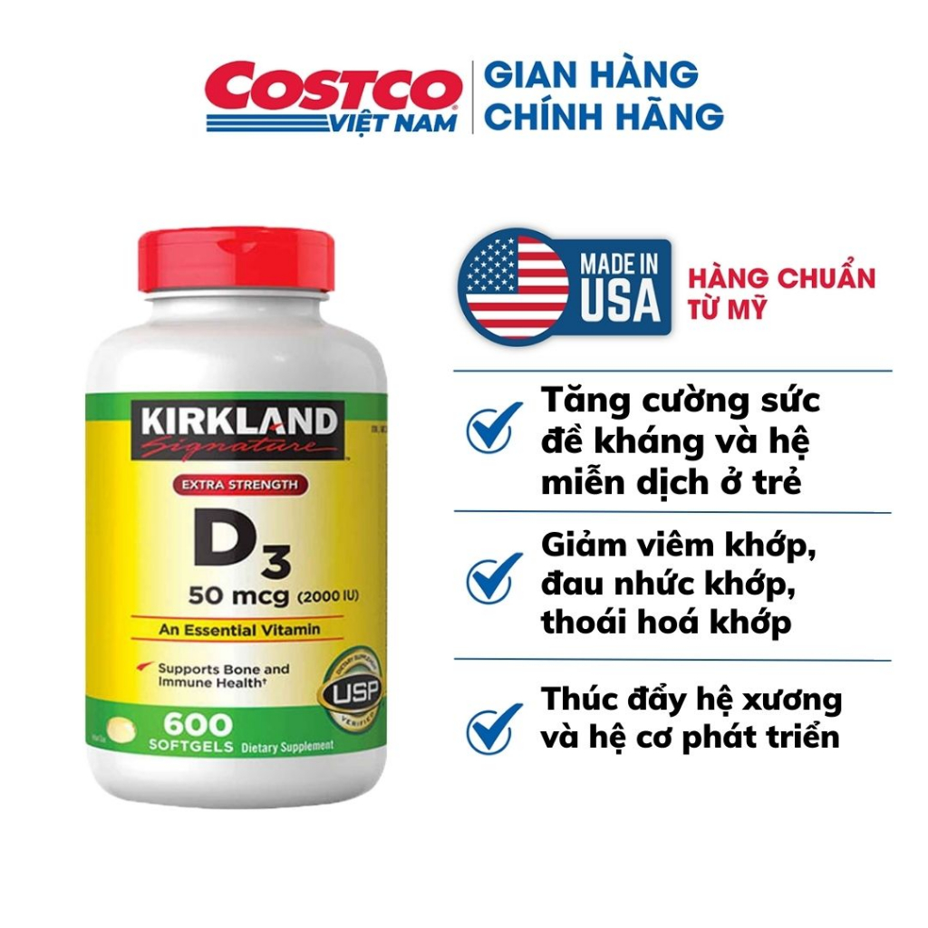 Viên uống Vitamin D3 2000IU 600 viên Kirkland Signature hỗ trợ hệ xương phát triền và nâng cao đề kháng của Mỹ