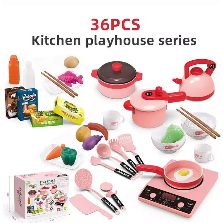Bộ nấu ăn Playhouse 36 chi tiết, bếp có đèn và âm thanh. Đồ chơi bếp hồng và xanh cho bé trai và bé gái