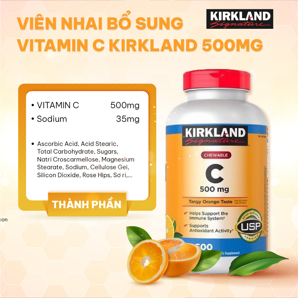 Viên nhai bổ sung vitamin C Kirkland Signature Vitamin C 500mg giúp sáng da,tăng sức đề kháng của 500 viên của Mỹ