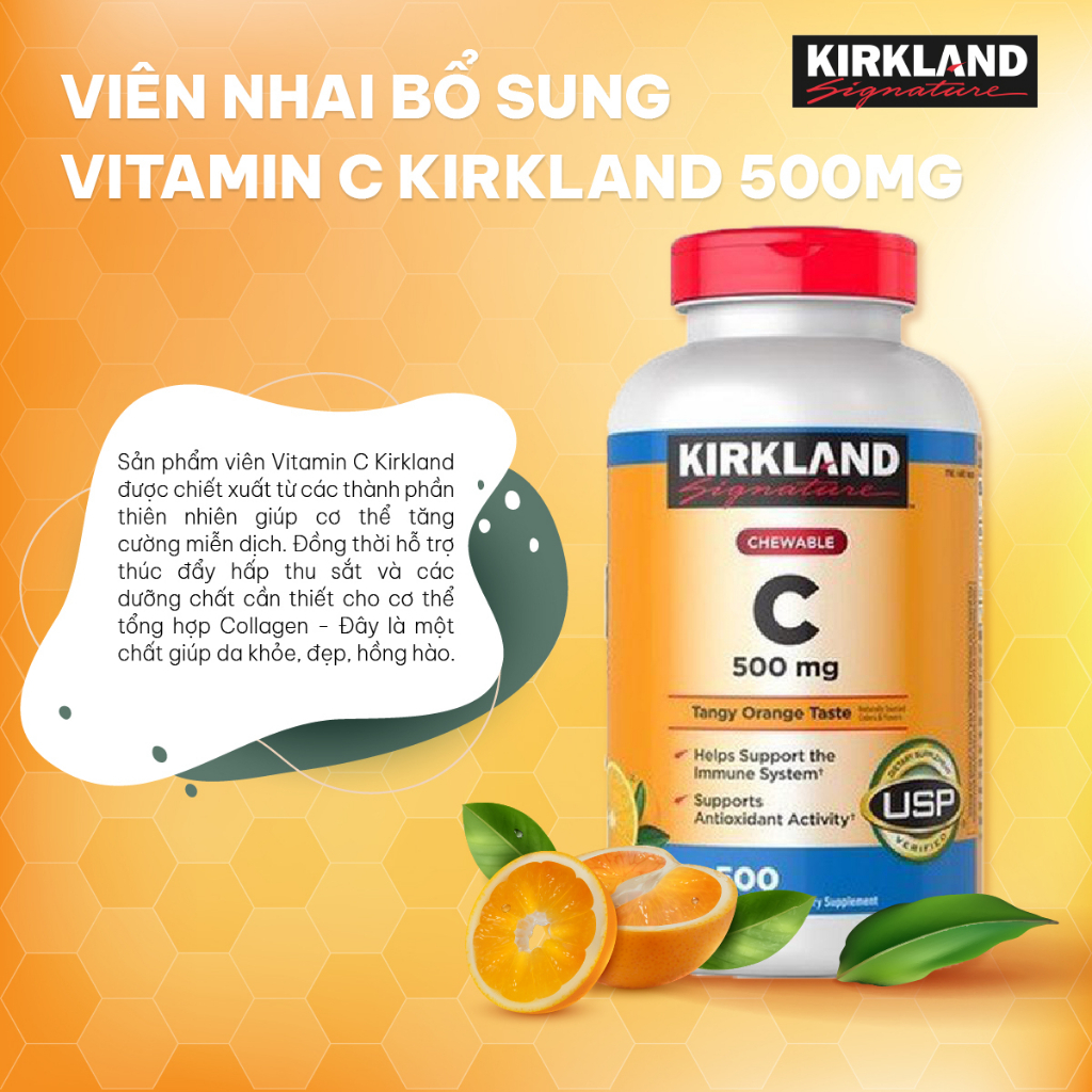 Viên nhai bổ sung vitamin C Kirkland Signature Vitamin C 500mg giúp sáng da,tăng sức đề kháng của 500 viên của Mỹ