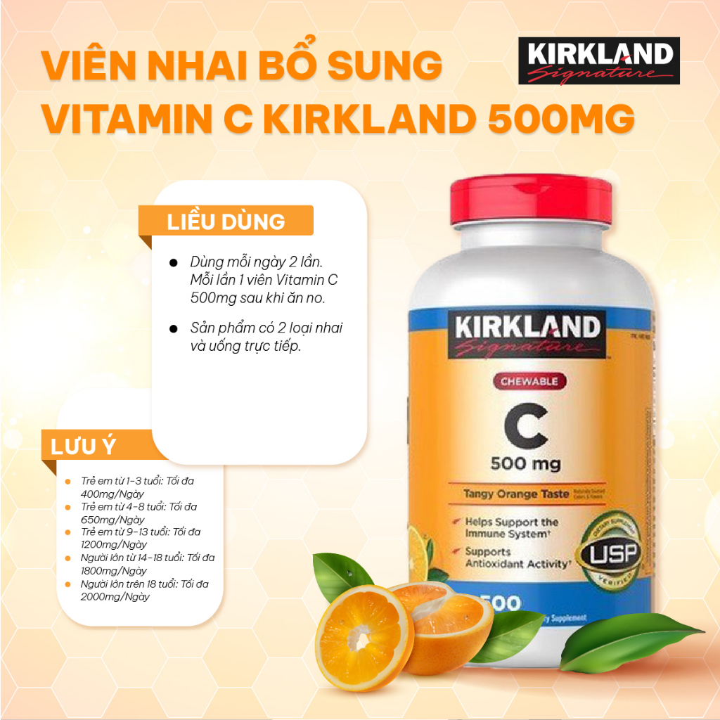 Viên nhai bổ sung vitamin C Kirkland Signature Vitamin C 500mg giúp sáng da,tăng sức đề kháng của 500 viên của Mỹ