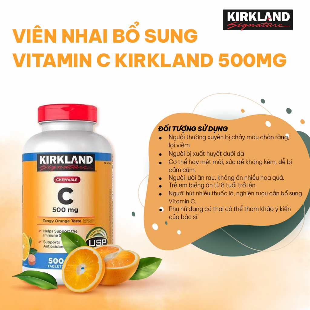 Viên nhai bổ sung vitamin C Kirkland Signature Vitamin C 500mg giúp sáng da,tăng sức đề kháng của 500 viên của Mỹ
