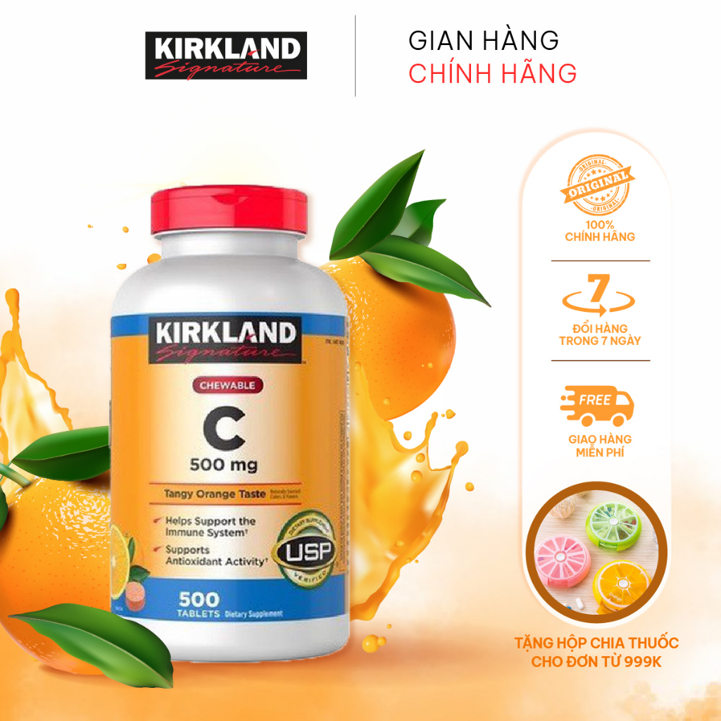 Viên nhai bổ sung vitamin C Kirkland Signature Vitamin C 500mg giúp sáng da,tăng sức đề kháng của 500 viên của Mỹ