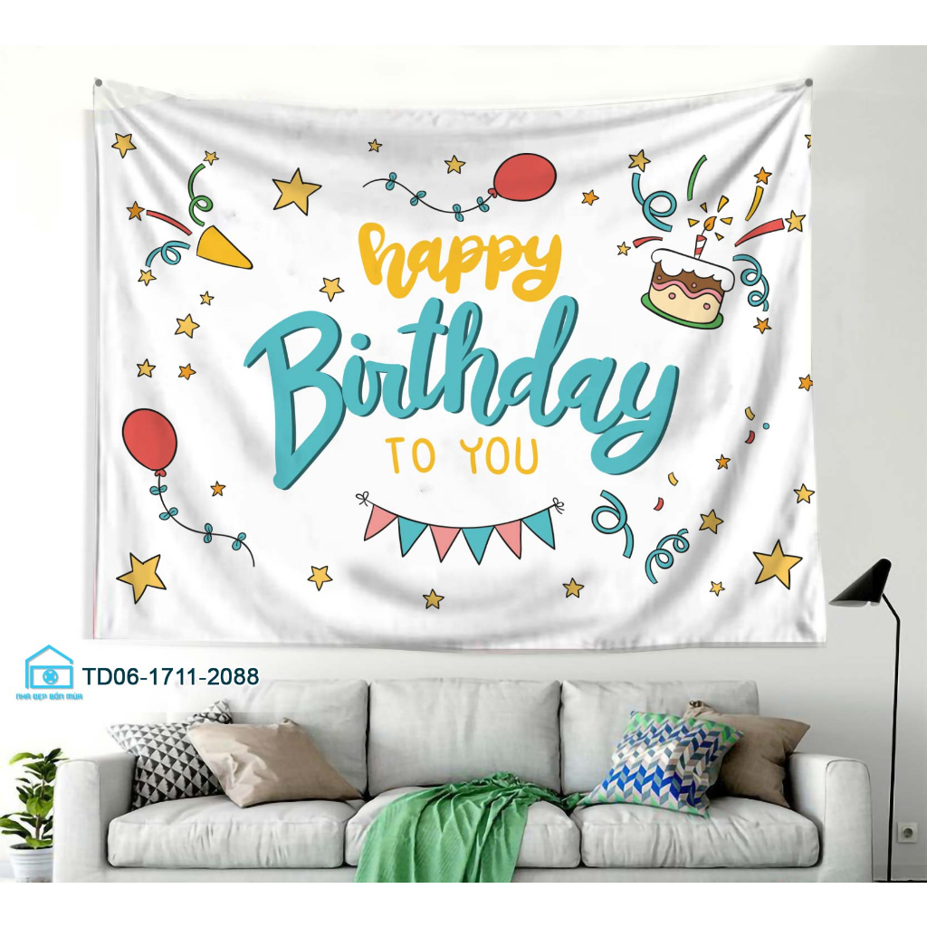 Tranh vải treo tường decor sự kiện sinh nhật,Happy Birthday Tặng kèm bộ móc treo