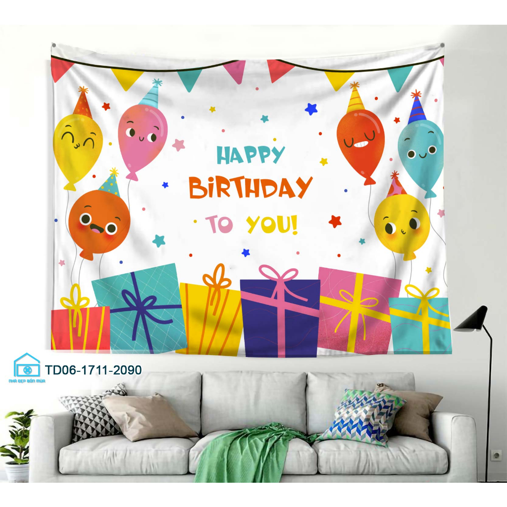 Tranh vải treo tường decor sự kiện sinh nhật,Happy Birthday Tặng kèm bộ móc treo