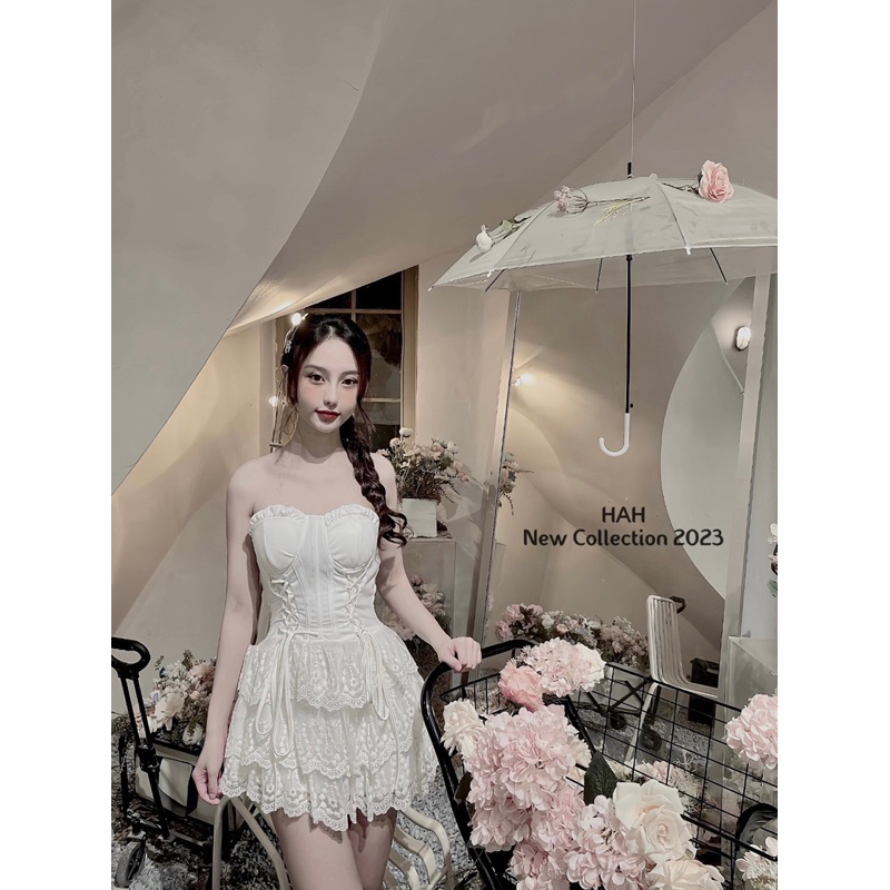 Váy đi chơi cúp ngực đan dây eo chân tầng, đầm xoè cup ngực dạo phố