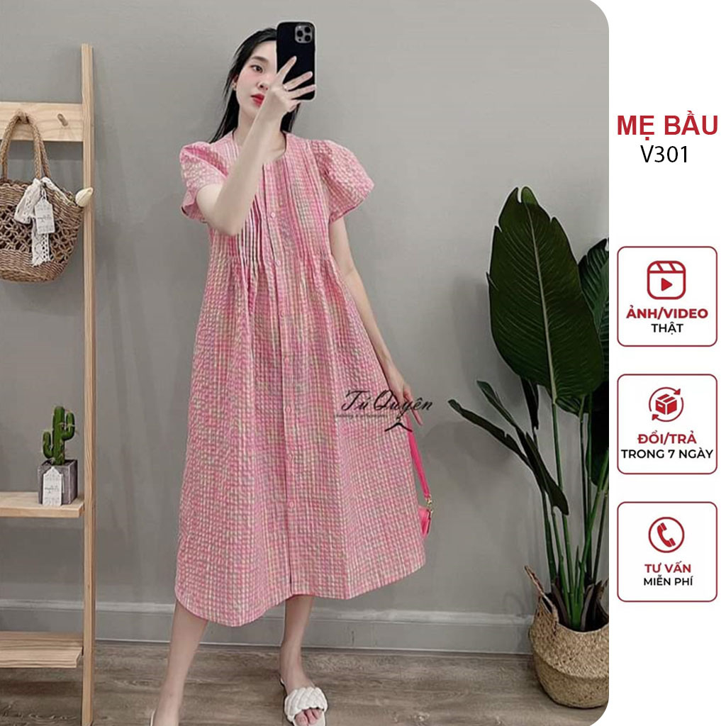 VÁY BẦU CÔNG SỞ MÙA HÈ XINH DÁNG SUÔNG DÀI - ĐẦM BẦU BABYDOLL MÙA HÈ BIGSIZE CỔ TÀU PHỐI HOA NHÍ ĐẸP MEBAUU V236
