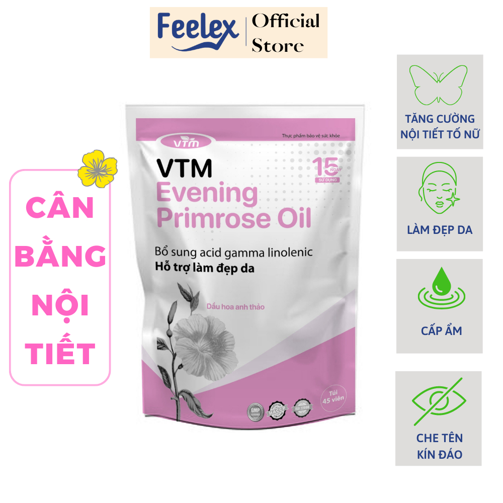 Viên uống tinh dầu hoa anh thảo VTM Evening Primrose Oil, hỗ trợ cân bằng nội tiết tố, làm đẹp da, tóc, móng - gói 45v