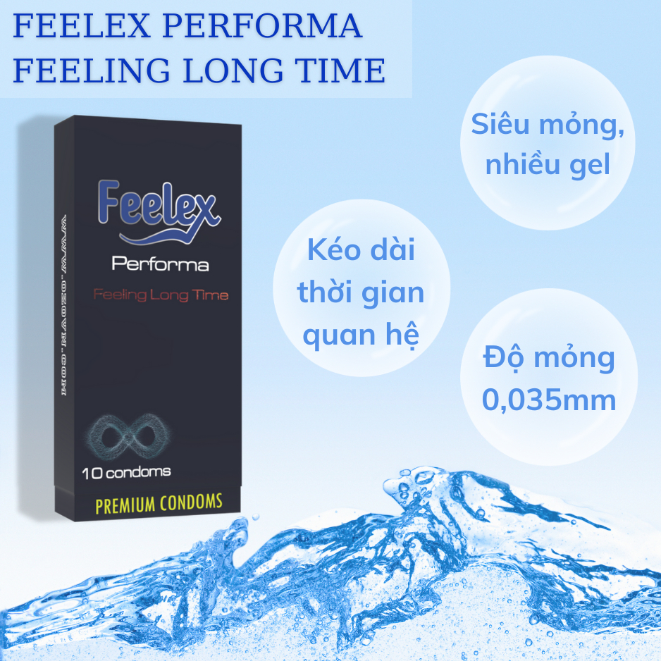 Bao cao su Feelex performa siêu mỏng, kéo dài thời gian, nhiều gel hộp 10c