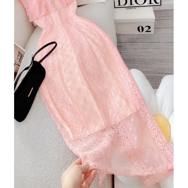 Đầm midi ren hồng
