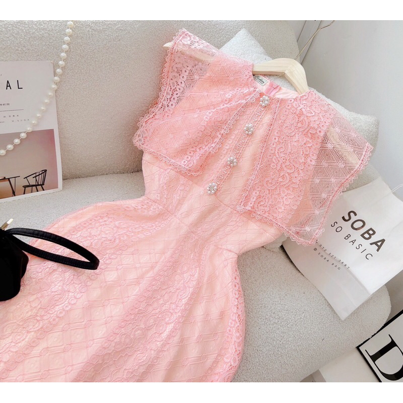 Đầm midi ren hồng