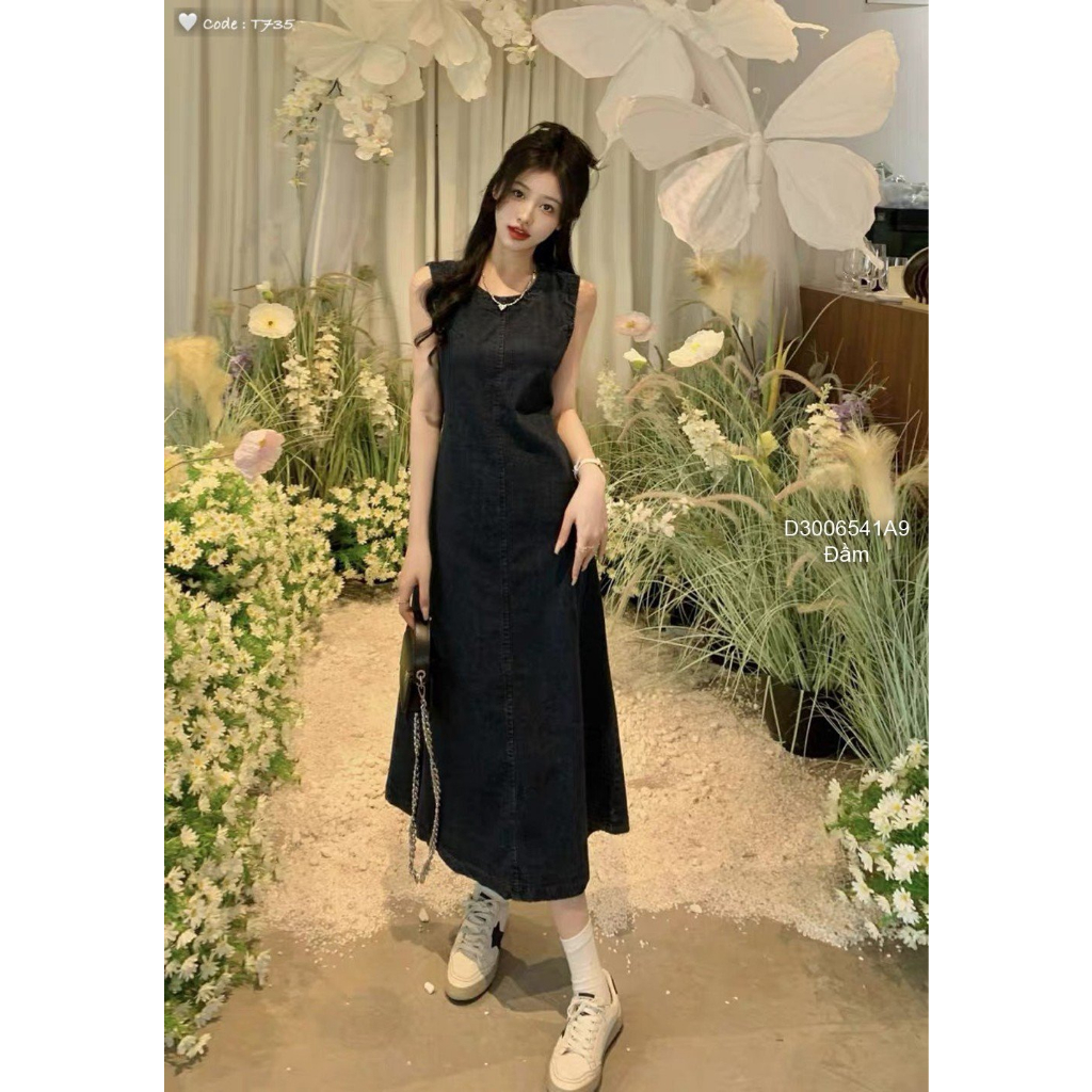 Đầm jean đáng dài rút dây