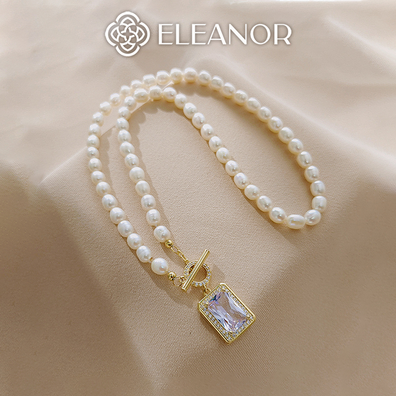 Dây chuyền nữ ngọc trai nhân tạo Eleanor Accessories mặt vuông đính đá phụ kiện trang sức 4615