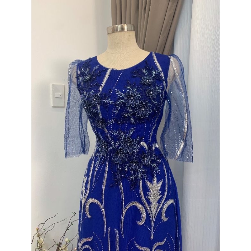 Đầm áo dài dạ hội lụa phối ren kim tuyến cao cấp -PT