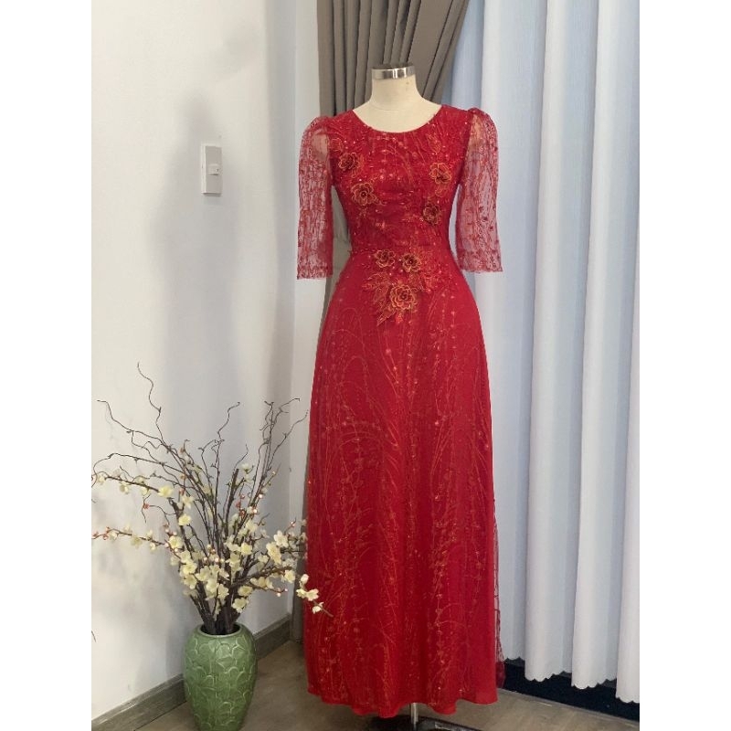 Đầm áo dài dạ hội lụa phối ren kim tuyến cao cấp -PT