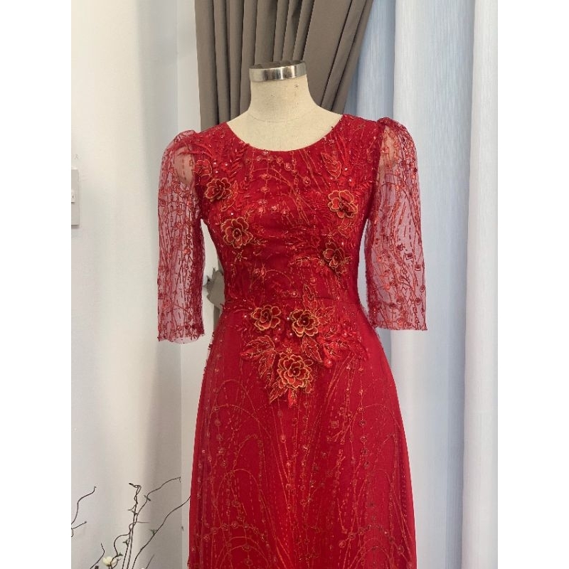 Đầm áo dài dạ hội lụa phối ren kim tuyến cao cấp -PT