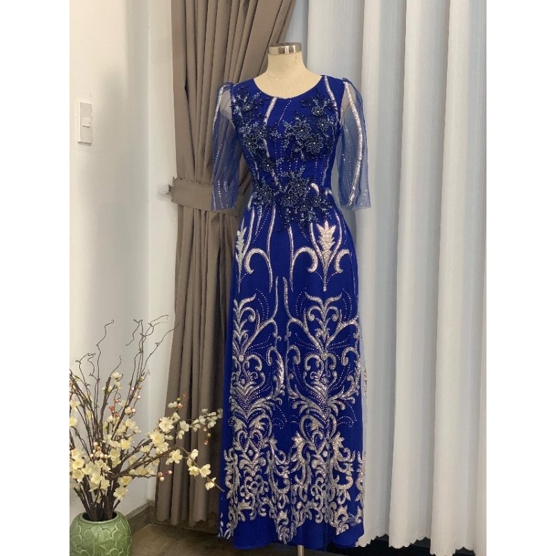 Đầm áo dài dạ hội lụa phối ren kim tuyến cao cấp -PT