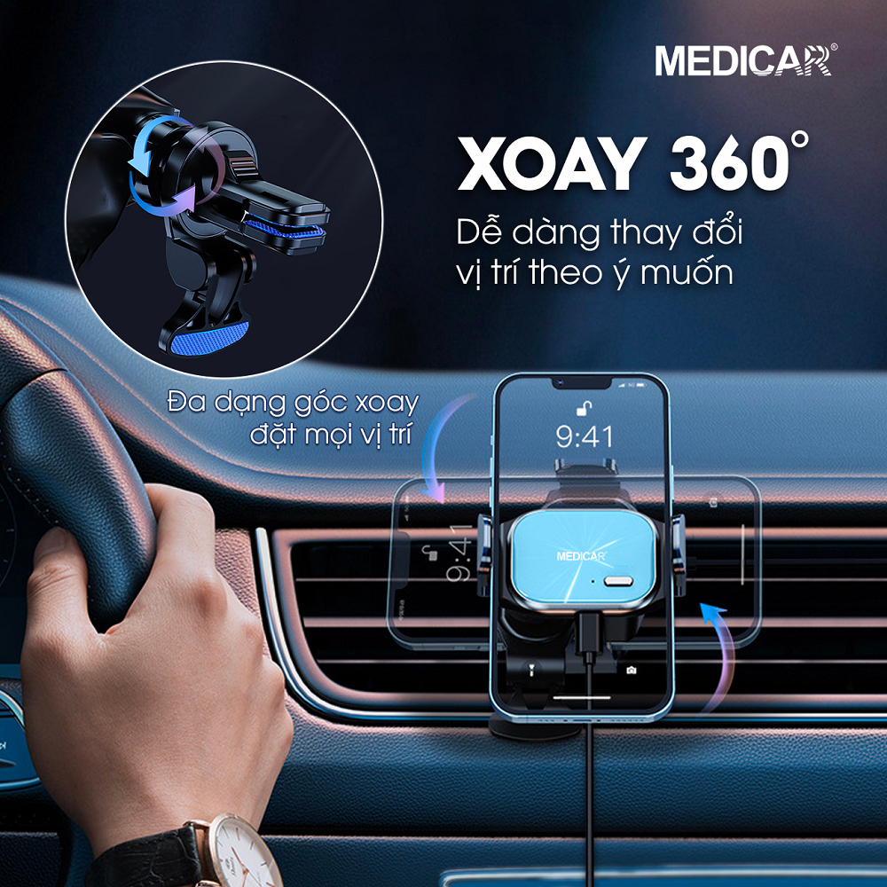 Giá đỡ điện thoại ô tô MEDICAR Version 2 - Kẹp điện thoại xe hơi chống rung lắc, xoay 360 độ, khóa từ tính, sử dụng pin