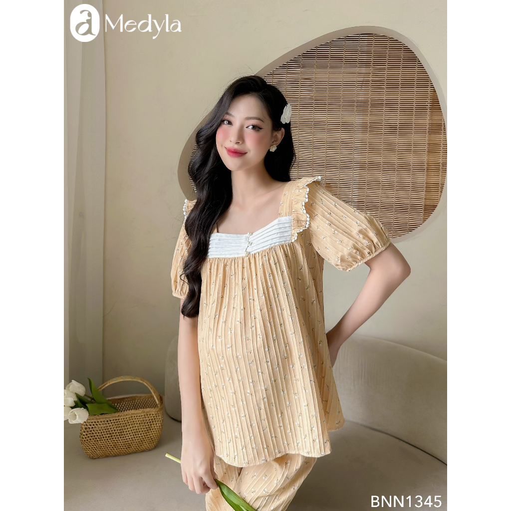 MEDYLA - Bộ bầu mặc nhà đũi hoa nhí phối ren mịn mát vai bèo cho bầu mặc trong và sau sinh - BNN1345