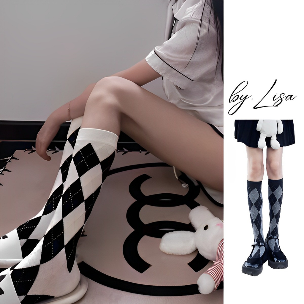 Tất bắp chân hoạ tiết caro Tất vớ JK phong cách Nhật Bản Tất cổ cao lolita đáng yêu vớ len dệt kim giữ ấm by.Lisa