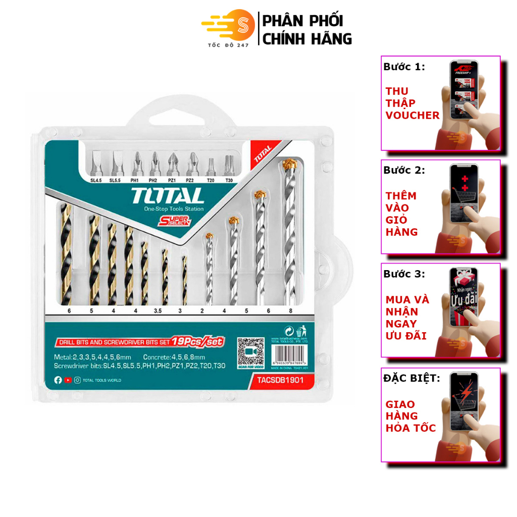 Bộ mũi khoan kim loại, khoan bê tông và bắt vít 19 chi tiết TOTAL TACSDB1901 - Độ cứng siêu cao, chịu lực tốt, đa dụng